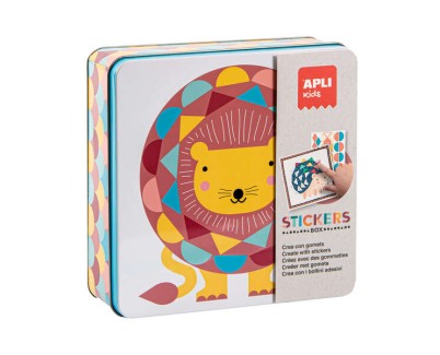 Apli Juegos de Gomets Leon - Incluye 16 Laminas y 14 Hojas de Gomets Removibles - Estimula la Psicomotricidad Fina y el Pensamiento Matematico - Caja Metalica Exclusiva Apli Kids - Colorido Diseño Leon