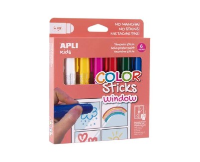 Apli Kids Color Sticks Window Pack 6 Temperas Solidas 6gr - Especiales para Dibujar y Pintar sobre Cristales - Facil Limpieza - Colores Surtidos
