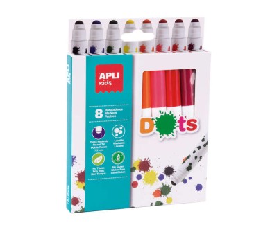 Apli Kids Dots Pack de 8 Rotuladores Punta Redonda Bloqueada de Ø 7.5mm - Facilmente Lavables - Capuchon Anti Asfixia- Colores Surtidos