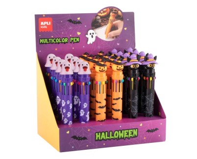 Apli Kids Halloween Expositor con 24 Boligrafos Retractiles Multicolor - 10 Colores de Tinta - 3 Modelos Diferentes