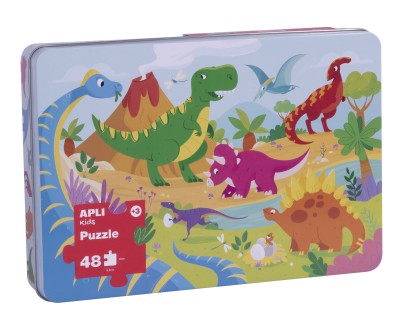 Apli Kids Puzle Dinosaurios - 48 Piezas de 5.5x6cm - Caja Metalica Rectangular - Diseño Exclusivo Infantil, Colorido, Claro y Simple - Piezas Resistentes y Seguras - Grosor de 2mm con Acabado Brillante E Indiana en el Dorso