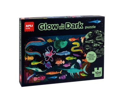 Apli Kids Puzle Fluorescente \"Glow In The Dark\" Tematica Oceano - 104 Piezas 5x5 cm - Tamaño 64.5x41.5 cm - Incluye Poster - Diseño Infantil y Colorido - Carton 2mm - Desarrolla Habilidades - Colorido