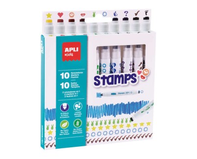 Apli Kids Stamps Pack de 10 Rotuladores con Doble Punta Sello y Rotulador - 10 Colores/Sellos Diferentes - Puntas Bloqueadas de Ø 7.5 mm - Capuchon Anti Asfixia - Colores Surtidos