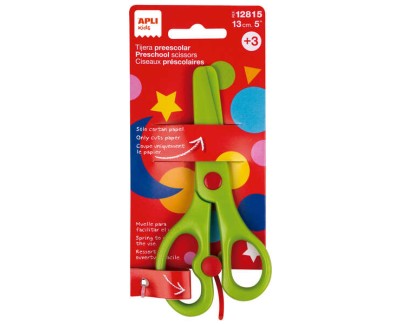 Apli Kids Tijera Preescolar Ergonomica 13cm - Muelle para Apertura Facil - Hojas de Plastico - Punta Redondeada - Ideal para Niños de 3+ - Color Verde