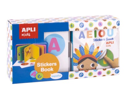 Apli Libro de Pegatinas Vocales Educativo - Tamaño 100x100x40 - 10 Paginas de Carton Rigido de 3mm - 5 Hojas de Gomets Removibles - Diseño Infantil con Ilustraciones Coloridas y Divertidas - Colorido
