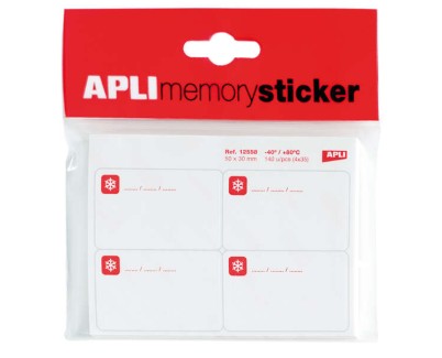 Apli Memory Sticker Pack de 140 Etiquetas Especial para Congelar 50x30mm - 35 Hojas x 4 Etiquetas - Cantos Romos - Adhesivo Removible Resistente hasta -40º - Color Blanco