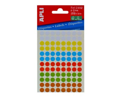 Apli Minibolsa de 288 Etiquetas Redondas Ø 8mm - 3 Hojas por 96 Etiquetas - Adhesivo Permanente - Colores Surtidos