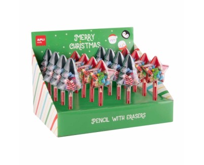 Apli Navidad Expositor con12 Packs de Lapices con Mini Gomas de Borrar - Dise&ntilde;os Navide&ntilde;os Diferentes