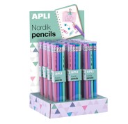 Apli Nordik Collection Expositor de 12 Packs de 8 Lapices de Grafito HB 2mm con Goma de Borrar - Colores Rosa, Lila, Turquesa y Verde