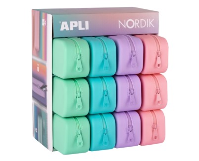 Apli Nordik Expositor de 12 Estuches de Silicona Rectangulares - Resistentes al Agua - Medidas 75x185x55mm - Colores Surtidos