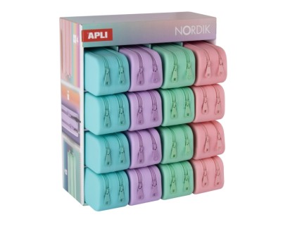 Apli Nordik Expositor de 16 Estuches de Silicona Rectangulares Dobles - Doble Compartimento - Medidas 75x185x63mm - Colores Pastel Surtidos