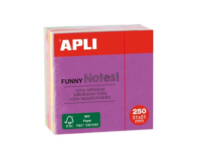 Apli Notas Adhesivas Funny 51x51mm Mini-Cubo 250 Hojas - 5 Colores Surtidos Fluorescentes - Divertidas y Practicas