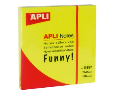 Apli Notas Adhesivas Funny 75x75mm - Bloc de 100 Hojas - Adhesivo de Calidad - Facil de Despegar - Color Amarillo Fluorescente