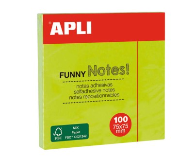 Apli Notas Adhesivas Funny 75x75mm - Bloc de 100 Hojas - Adhesivo de Calidad - Facil de Despegar - Color Verde Fluorescente