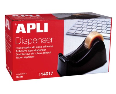 Apli Office Porta Cinta para Rollos de 33mm - Cuchilla Metalica Dentada - Facil de Usar - Resistente y Duradero - Color Negro