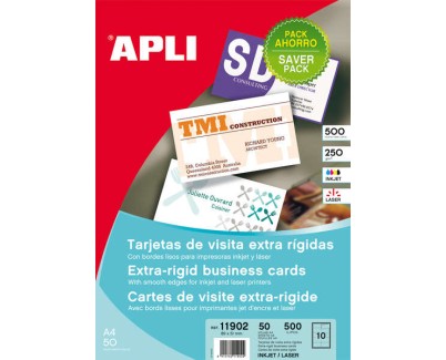 Apli Pack con 500 Tarjetas de Visita Mate - Cartulina de 250g/m&sup2; - 50 Hojas por 10 Tarjetas - Cantos Rectos - Color Blanco
