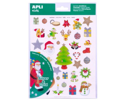 Apli Pack con 99 Gomets de Tematica Navideña - Ilustraciones Educativas - Adhesivo Removible - Tinta en Acabado Oro y Plata - Materiales 100% Reciclables