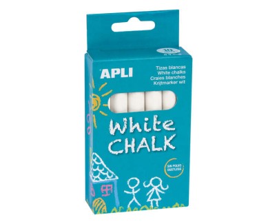 Apli Pack de 10 Tizas Blancas Redondas - Tamaño Ø 9 x 80mm - Bajo en Residuo y sin Polvo - Ideal para Escribir, Dibujar y Colorear en Pizarras y Pavimentos - Uso Escolar