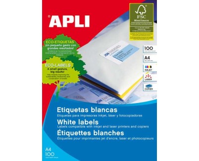 Apli Pack de 100 Etiquetas Permanentes - Tamaño 210 x 297mm - Multiples Usos - Color Blanco