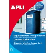Apli Pack de 100 Etiquetas Resistentes Intemperie 210 x 297mm -  Poliester con Acabado Mate - Cantos Rectos - Color Blanco