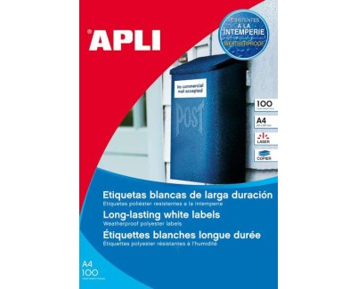 Apli Pack de 100 Etiquetas Resistentes Intemperie 210 x 297mm -  Poliester con Acabado Mate - Cantos Rectos - Color Blanco