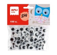 Apli Pack de 100 Ojos Moviles Redondos Adhesivos - Medidas Surtidas Ø 7 mm, Ø 10 mm, Ø 12 mm y Ø 15 mm - Color Negro