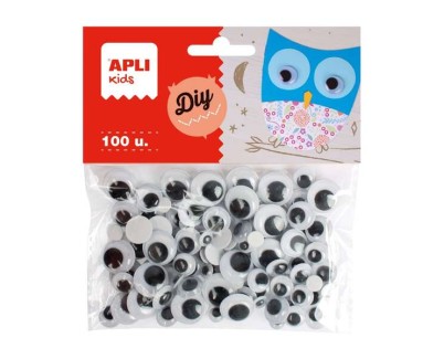 Apli Pack de 100 Ojos Moviles Redondos Adhesivos - Medidas Surtidas Ø 7 mm, Ø 10 mm, Ø 12 mm y Ø 15 mm - Color Negro