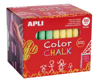 Apli Pack de 100 Tizas Redondas de Colores Surtidos Ø 9 x 80mm - Sin Polvo - Ideales para Escribir, Dibujar y Colorear en Pizarras y Pavimentos - Aptas para Uso Escolar