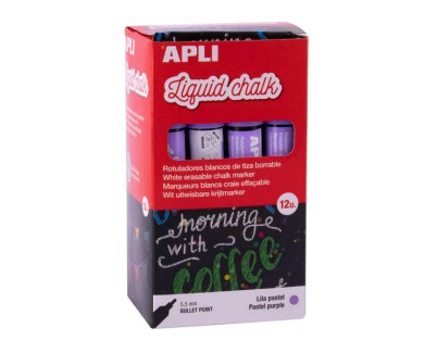 Apli Pack de 12 Rotuladores de Tiza Liquida - Punta Redonda - Ideal para Pizarras, Plastico, Vinilos, Metal, Etc - Facil de Borrar - Secado Rapido - Color Lila Pastel