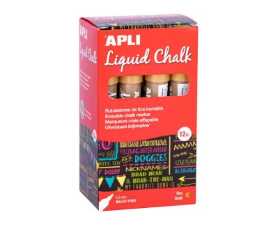 Apli Pack de 12 Rotuladores de Tiza Liquida - Punta Redonda - Ideal para Pizarras, Plastico, Vinilos, Metal, Etc - Facil de Borrar - Secado Rapido - Color Oro