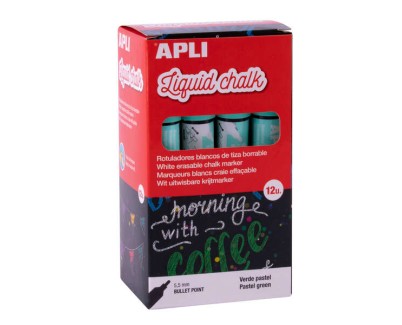 Apli Pack de 12 Rotuladores de Tiza Liquida - Punta Redonda - Ideal para Pizarras, Plastico, Vinilos, Metal, Etc - Facil de Borrar - Secado Rapido - Color Verde Pastel