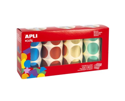 Apli Pack de 2.256 Gomets Redondos Ø 33mm - 4 Rollos de 564 Gomets - Adhesivo Permanente - Ideal para escuelas Infantiles y Colegios - Colores Metalizados Surtidos