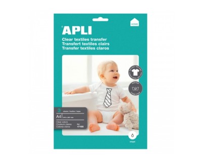 Apli Pack de 3 Hojas de Papel Transfer para Impresoras Inkjet - Ideal para Prendas Blancas y 100% Algodon - Facil Aplicacion y Lavado en Agua Fria