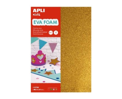 Apli Pack de 4 Planchas de Goma Eva Purpurina A4 - Grosor 2 mm - Impremeable - Moldeable al Calor - Colores Oro, Plata, Rojo y Verde