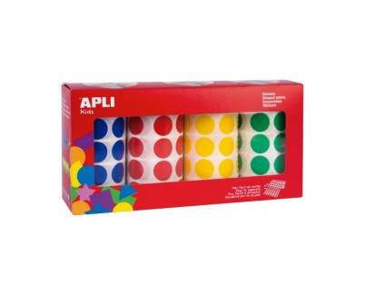 Apli Pack de 4 Rollos de Gomets Redondos Ø 20mm - 1770 Gomets por Rollo - Adhesivo Permanente - 7080 Gomets en Total - Ideales para Escuelas Infantiles - Colores Azul, Rojo, Amarillo y Verde