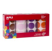 Apli Pack de 4 Rollos de Gomets Redondos Ø 33mm - 708 Gomets por Rollo - Adhesivo Permanente - 2832 Gomets en Total - Ideales para Escuelas Infantiles - Colores Marron, Rosa, Lila y Naranja