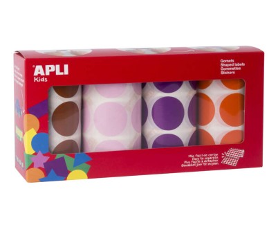 Apli Pack de 4 Rollos de Gomets Redondos Ø 33mm - 708 Gomets por Rollo - Adhesivo Permanente - 2832 Gomets en Total - Ideales para Escuelas Infantiles - Colores Marron, Rosa, Lila y Naranja
