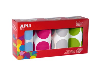 Apli Pack de 4 Rollos de Gomets Redondos Ø 45mm - 1416 Gomets por Pack - Adhesivo Permanente - Desarrollo de Habilidades en Niños Pequeños - Colores Surtidos