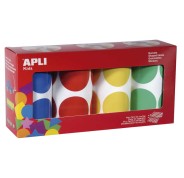 Apli Pack de 4 Rollos de Gomets Redondos Ø 45mm - 354 Gomets por Rollo - Adhesivo Permanente - 1416 Gomets en Total - Ideales para Escuelas Infantiles - Colores Azul, Rojo, Amarillo y Verde