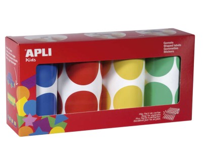 Apli Pack de 4 Rollos de Gomets Redondos &Oslash; 45mm - 354 Gomets por Rollo - Adhesivo Permanente - 1416 Gomets en Total - Ideales para Escuelas Infantiles - Colores Azul, Rojo, Amarillo y Verde