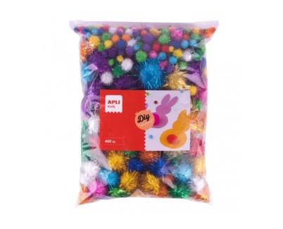 Apli Pack de 400 Pompones Brillantes - Formato Escolar - Cierre Zip Mejorado - Ideal para Manualidades y Decoraciones - Estimula la Creatividad Infantil - Colores Surtidos