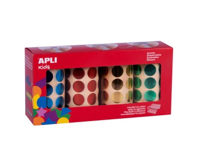 Apli Pack de 5.640 Gomets Redondos Ø 20mm - 4 Rollos de 1.410 Gomets - Adhesivo Permanente - Ideal para escuelas Infantiles y Colegios - Colores Metalizados Surtidos