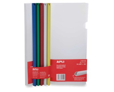 Apli Pack de 5 Encuadernadores Deslizantes 10x297mm - Capacidad de 100 Hojas - Con Funda Transparente - Ranura para Facil Insercion de Hojas - Colores Surtidos
