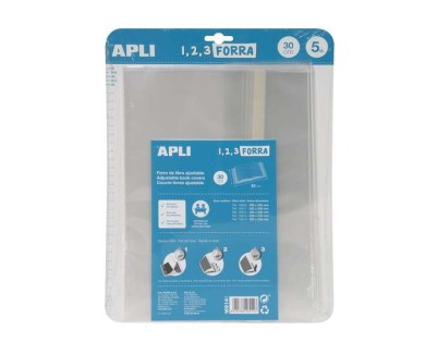 Apli Pack de 5 Forros para Libros 300mm de Polipropileno 75 micras - Solapa Autoajustable - Facil Forrado en 3 Pasos - Sin Necesidad de Cortar ni Usar Cinta Adhesiva - Transparente