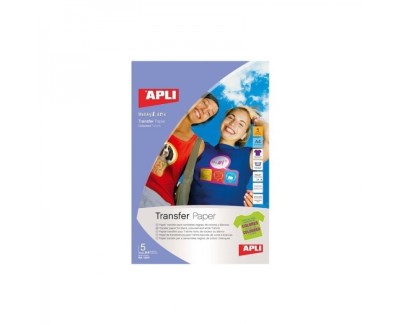Apli Pack de 5 Hojas de Papel Transfer para Impresoras Inkjet - Ideal para Prendas de Color - Perfecto para Personalizar Ropa de Algodon - Facil de Usar y Lavar con Agua Fria