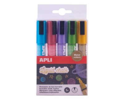 Apli Pack de 5 Rotuladores de Tiza Liquida - Punta Redonda de 5.5mm - Facil de Borrar - Secado Rapido - Base Agua Libre de Toxicos - Colores Metalizados Surtidos