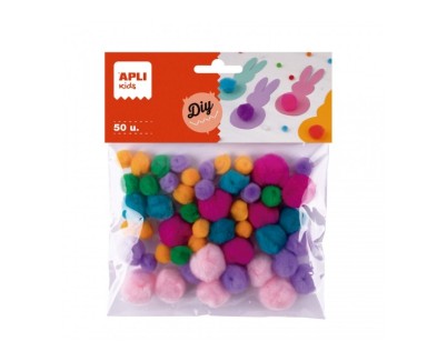 Apli Pack de 50 Pompones de Tacto Suave - Ideal para Manualidades Infantiles - Estimula la Creatividad - Colores Surtidos