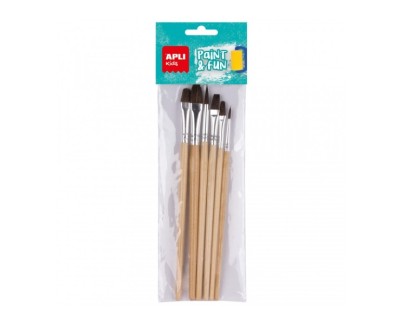 Apli Pack de 6 Pinceles de Madera para Niños - Punta Redonda - Cerdas de Caballo - Fomenta Creatividad y Colaboracion