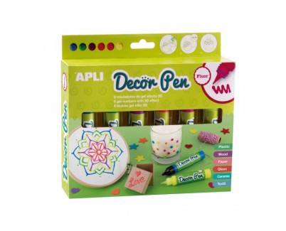 Apli Pack de 6 Rotuladores de Gel 3D Fluor - Ideal para Decorar Plastico, Madera, Papel, Cristal, Ceramica y Textil - Personalizacion Facil y Espectacular