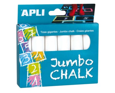 Apli Pack de 6 Tizas Redondas Jumbo - Tamaño Ø 25 x 105mm - Sulfato de Calcio Bajo en Residuo - Aptas para Uso Escolar - Color Blanco